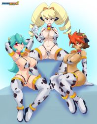 Rule 34 | 3girls, absurdres, alternate breast size, animal costume, animal ears, animal print, aqua hair, arms behind head, atlas (mega man), bell, neck bell, big hair, bikini, blonde hair, boots, bottle, breasts, brown eyes, brown hair, collar, cow costume, cow ears, cow horns, cow print, elbow gloves, female focus, gloves, hair between eyes, highres, horns, huge breasts, large breasts, long hair, looking at viewer, milk bottle, multicolored hair, multiple girls, navel, orange hair, pandora (mega man), red eyes, mega man (series), mega man zx, mega man zx advent, mega man star force, luna platz (mega man), short hair, sitting, spread legs, swimsuit, thigh boots, thighhighs, tumother, twintails, two-tone hair