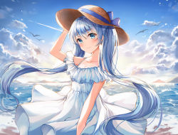 Rule 34 | 1girl, aqua eyes, aqua hair, bare arms, bare shoulders, blue ribbon, breasts, cleavage, cloud, cloudy sky, collarbone, commentary request, day, dress, hat, hat ribbon, hatsune miku, long hair, looking at viewer, ocean, outdoors, resolution mismatch, ribbon, short sleeves, skirt, sky, smile, solo, source larger, ssum (ehf dustk), sun hat, twintails, very long hair, vocaloid, white dress
