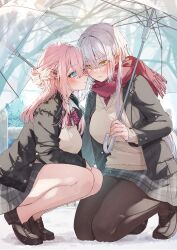 Rule 34 | 2girls, black pantyhose, blue eyes, blush, braid, breasts, cardigan, comiket 101, grey hair, hair between eyes, hair ornament, hairclip, highres, holding, holding umbrella, jacket, large breasts, long hair, long sleeves, looking at another, multiple girls, open clothes, open jacket, original, pantyhose, pink hair, pleated skirt, red scarf, scarf, school uniform, shio kouji (shiokojii), skirt, transparent, transparent umbrella, umbrella, yellow eyes, yuri