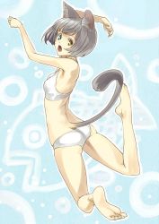 Rule 34 | 1girl, :o, animal ears, aqua eyes, ass, back, bare legs, bare shoulders, barefoot, bob cut, bra, cat ears, cat tail, colored eyelashes, eyelashes, feet, flat chest, from behind, heterochromia, jumping, lingerie, looking back, open mouth, original, panties, shimotsuki eight, short hair, soles, solo, sports bra, tail, underwear, underwear only, white bra, white panties, yellow eyes
