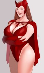Rule 34 | 1girl, absurdres, animification, arms under breasts, blue eyes, breasts, brown hair, cleavage, closed mouth, cowboy shot, gloves, grey background, highres, jnsdh, large breasts, leotard, light smile, lips, long hair, looking at viewer, marvel, marvel cinematic universe, mature female, mole, mole under eye, red gloves, red leotard, red lips, scarlet witch, solo, standing, thighs, wandavision