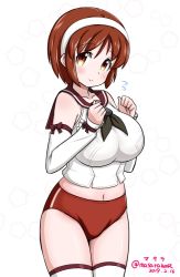 Rule 34 | 1girl, artist name, breasts, brown eyes, brown hair, buruma, collarbone, commentary request, cowboy shot, dated, detached sleeves, flying sweatdrops, hairband, kantai collection, large breasts, masara (chuujou), natori (kancolle), navel, no pants, one-hour drawing challenge, red buruma, school uniform, serafuku, short hair, simple background, solo, thighhighs, twitter username, white background, white hairband, white thighhighs