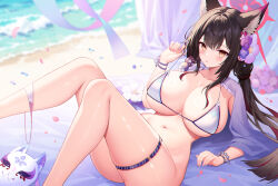 Rule 34 | 1girl, absurdres, animal ears, beach, black hair, blue archive, blush, bracelet, breasts, cleavage, collarbone, commentary request, feet out of frame, fox ears, fox girl, hair ornament, halo, hand up, highres, jewelry, large breasts, long hair, looking at viewer, lying, mask, navel, official alternate costume, on back, outdoors, parted lips, red halo, shan far, skindentation, solo, thigh strap, thighs, underboob, unworn mask, wakamo (blue archive), wakamo (swimsuit) (blue archive), water, yellow eyes