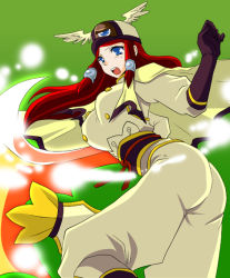 Rule 34 | 1girl, arc system works, ass, blazblue, blazblue: continuum shift, blue eyes, breasts, cape, gloves, hair tubes, hat, long hair, military, military uniform, open mouth, red hair, takanon (pixiv259581), tsubaki yayoi, uniform, weapon