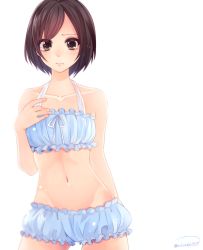 Rule 34 | 1girl, 3:, bare arms, bare shoulders, blush, breasts, brown eyes, brown hair, cinderella bust, collarbone, cowboy shot, frills, frown, halterneck, hand on own chest, highres, looking at viewer, navel, original, sasakichi (ssk chi), short hair, signature, simple background, sleeveless, small breasts, solo, standing, stomach, twitter username, underwear, underwear only, white background