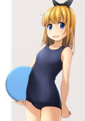 Rule 34 | 1girl, blonde hair, blue eyes, blue one-piece swimsuit, commentary request, cowboy shot, flat chest, grey background, hair ribbon, highres, kickboard, long hair, old school swimsuit, one-piece swimsuit, original, ribbon, school swimsuit, shibacha, simple background, solo, swimsuit