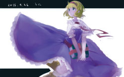 Rule 34 | 1girl, alice margatroid, blonde hair, blue dress, blue eyes, book, capelet, dress, grimoire, hairband, namauni, puffy short sleeves, puffy sleeves, sash, short sleeves, solo, touhou, v arms, wallpaper, wind, wind lift