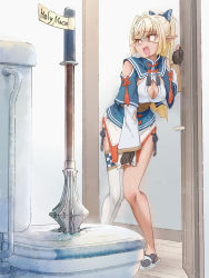 Rule 34 | 1girl, blonde hair, bow, breasts, cleavage, cleavage cutout, clothing cutout, dark-skinned female, dark skin, door, elf, gloves, hair bow, have to pee, highres, hololive, knees together feet apart, large breasts, mace, open mouth, orange eyes, partially fingerless gloves, pointy ears, ponytail, shiranui flare, shiranui flare (old design), single thighhigh, slippers, smile, solo, tataki tuna, tears, thighhighs, toilet, virtual youtuber, weapon