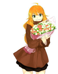 Rule 34 | 1girl, ahoge, black skirt, blonde hair, bouquet, flower, green eyes, gulim, holding, hoshii miki, idolmaster, idolmaster (classic), long hair, looking at viewer, simple background, skirt, solo, white background