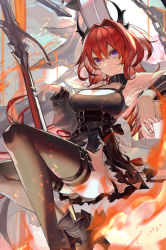 Rule 34 | 1girl, absurdres, arknights, armpits, bad id, bad pixiv id, bare shoulders, black thighhighs, commentary request, demon, demon girl, demon horns, detached collar, dress, hair between eyes, highres, horns, huge filesize, jacket, karasuro, leg belt, long hair, looking at viewer, purple eyes, red hair, solo, surtr (arknights), thigh strap, thighhighs
