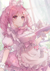 1girl absurdres alternate_costume angel_wings animal_ears apron blush breasts closed_mouth cup dress enmaided highres indoors lolita_fashion looking_at_viewer maid maid_apron maid_headdress medium_breasts nyunkiti original pink_dress pink_hair short_sleeves short_twintails sidelocks solo standing teacup teapot tray twintails upper_body wings wrist_cuffs