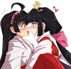 2girls ahoge black_hair blue_eyes blush bow brown_hair closed_mouth commentary_request eye_contact hair_bow highres japanese_clothes kimono long_hair looking_at_another miko mochizuki_ayako multiple_girls new_york_no_maboroshi nige_jouzu_no_wakagimi open_mouth pink_bow pink_eyes pink_hair shizuku_(nige_jouzu_no_wakagimi) simple_background white_background white_kimono yuri