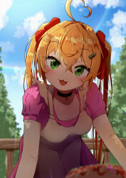 Rule 34 | 1girl, :3, absurdres, ahoge, apron, black choker, blonde hair, blue sky, blurry, blurry foreground, blush, bow, choker, dappled sunlight, day, diffraction spikes, dress, eye reflection, green eyes, hair bow, hair ornament, heart, heart ahoge, highres, leaning forward, lens flare, looking at viewer, open mouth, original, outdoors, purple dress, railing, rakugakijunkie, red bow, reflection, short sleeves, sky, solo, sunlight, twintails