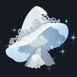 Rule 34 | 1girl, black background, blue eyes, blue hair, chibi, cloak, closed mouth, colored skin, ddgood6, dress, elden ring, fur cloak, grey skin, hat over one eye, highres, light smile, looking at viewer, medium hair, one eye covered, ranni the witch, simple background, smile, solo, sparkle, white dress
