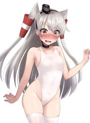 Rule 34 | 1girl, alternate costume, amatsukaze (kancolle), blush, breasts, brown eyes, choker, collarbone, commentary request, competition swimsuit, covered navel, cowboy shot, fang, groin, hair tubes, highleg, highleg swimsuit, kantai collection, long hair, looking at viewer, nose blush, one-piece swimsuit, open mouth, sasakura (calicchio), silver hair, simple background, skindentation, small breasts, solo, sweatdrop, swimsuit, thighhighs, two side up, white background, white one-piece swimsuit, white thighhighs