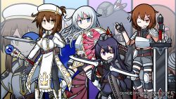 Rule 34 | 10s, 4girls, akatsuki (kancolle), armor, armored boots, armored dress, artist name, belt, blade, blue eyes, boots, bow (weapon), broadsword, brown hair, cape, character name, commentary, cross-laced footwear, dungeons &amp; dragons, emblem, eyepatch, fingerless gloves, folded ponytail, gauntlets, gloves, greatsword, grey hat, hair between eyes, hat, hat feather, hibiki (kancolle), highres, holding, holding bow (weapon), holding staff, holding sword, holding weapon, huge weapon, ikazuchi (kancolle), inazuma (kancolle), kantai collection, knight, lace-up boots, long hair, multiple girls, on one knee, one eye closed, paladin, pantyhose, raythalosm, robe, shield, short hair, silver hair, skirt, sparkle, staff, sword, thigh boots, thighhighs, v-shaped eyebrows, very long hair, wavy mouth, weapon