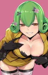 Rule 34 | 1girl, black bra, black gloves, black shirt, bra, breasts, cleavage, clothes pull, digimon, digimon story: cyber sleuth, downblouse, elbow gloves, flashing, floral print, flower, flower on head, formal, gloves, green hair, hair flower, hair ornament, jacket, kishibe rie, large breasts, leaning forward, looking at viewer, nipple slip, nipples, parted lips, pencil skirt, print gloves, print shirt, shirt, shirt pull, short hair, skirt, skirt suit, smile, solo, suit, teasing, thighhighs, tomohiro kai, underwear, yellow eyes, yellow skirt, zettai ryouiki