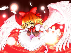 Rule 34 | 1girl, armband, blonde hair, bow, bowtie, chocolate-candy, danmaku, demon, dress, energy ball, feathers, female focus, fingernails, foreshortening, frills, gengetsu (touhou), hair bow, highres, janas, kneehighs, light, long sleeves, looking at viewer, magic circle, nail polish, open mouth, outstretched arms, puffy sleeves, reaching, red background, ribbon, shoes, short hair, socks, solo, tongue, touhou, touhou (pc-98), vest, white dress, white socks, wings, yellow eyes