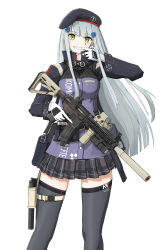 Rule 34 | 1girl, absurdres, assault rifle, bad id, bad pixiv id, beret, black thighhighs, breasts, checkered clothes, checkered skirt, feet out of frame, finger to mouth, girls&#039; frontline, gloves, green eyes, gun, h&amp;k hk416, hat, highres, hk416 (girls&#039; frontline), holding, holding weapon, holster, long hair, looking at viewer, military, military uniform, rifle, rynn (rynn cube), silver hair, skirt, smile, solo, standing, thighhighs, uniform, weapon, white background, white gloves, zettai ryouiki