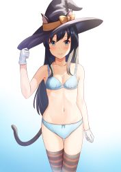 Rule 34 | 1girl, animal ears, asashio (kancolle), black hair, blue bra, blue eyes, blue panties, blush, bow, bow panties, bra, cat ears, cat tail, closed mouth, collarbone, cowboy shot, gloves, gradient background, hair between eyes, halloween, halloween costume, hat, highres, kantai collection, long hair, panties, simple background, smile, solo, striped clothes, striped thighhighs, tail, thighhighs, underwear, underwear only, white gloves, witch hat, zuki