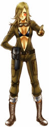 Rule 34 | 1girl, belt, belt pouch, bikini, bikini top only, eva (metal gear), full body, goggles, goggles around neck, long sleeves, lowres, merukizedeku, metal gear (series), metal gear solid 3: snake eater, navel, pocket, pouch, simple background, solo, standing, swimsuit, white background