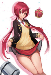 Rule 34 | 1girl, bad id, bad pixiv id, bag, black jacket, blush, clothes lift, commentary request, crown, hair between eyes, hair ornament, jacket, joukamachi no dandelion, lifting own clothes, long hair, looking at viewer, low twintails, necktie, red eyes, red hair, red necktie, red skirt, sakurada akane, simple background, skirt, skirt lift, sl86, solo, sweater vest, twintails, white background