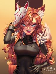 Rule 34 | 1girl, animal ear fluff, animal ears, ark evil02, black bodysuit, black gloves, blue eyes, bodysuit, breasts, brown hair, covered navel, fangs, fox ears, fox girl, fox mask, fox tail, gloves, hand on own hip, highres, large breasts, long hair, mask, mask on head, original, smile, solo, tail, tongue, tongue out, twitter username, v-shaped eyebrows