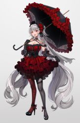 Rule 34 | 1girl, asymmetrical legwear, bare shoulders, blush, breasts, choker, cleavage, dress, elbow gloves, fang, full body, gijang, gloves, grey hair, hairband, high heels, highres, holding, holding umbrella, large breasts, lifting own clothes, lolita hairband, long hair, looking at viewer, mismatched legwear, open mouth, original, parasol, red dress, red eyes, simple background, smile, solo, standing, umbrella, very long hair, white background