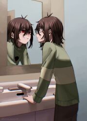 1other ake_blood antenna_hair bathroom black_eyes bob_cut brown_hair brown_pants chromatic_aberration commentary_request cowboy_shot deltarune different_reflection double-parted_bangs green_sweater grin hair_between_eyes highres indoors kris_(deltarune) long_sleeves looking_at_mirror medium_hair mirror other_focus pants parted_lips red_eyes reflection scared sink smile striped_clothes striped_sweater sweat sweater twitter_username two-tone_sweater yellow_sweater