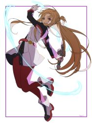 Rule 34 | 1girl, ankle boots, asuna (sao), boots, gloves, hari611, highres, long hair, long sleeves, looking at viewer, orange eyes, orange hair, pantyhose, red pantyhose, solo, sword, sword art online, sword art online the movie: ordinal scale, weapon, white footwear, white gloves