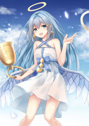 Rule 34 | 1girl, absurdres, angel wings, bell, bell earrings, bellringer angel, blue bow, blue eyes, blue hair, blue ribbon, blush, bow, criss-cross halter, earrings, hair ornament, hairclip, halo, halterneck, highres, jewelry, long hair, looking at viewer, open mouth, ribbon, shadowverse, smile, solo, wings, ym (distance819)