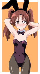 Rule 34 | 1girl, animal ears, armpits, arms behind head, black bow, black bowtie, black leotard, black pantyhose, blush, border, bow, bowtie, breasts, brown eyes, brown hair, closed mouth, covered navel, fake animal ears, girls und panzer, highres, kadotani anzu, leotard, long hair, orange background, pantyhose, playboy bunny, ponzu rui, rabbit ears, shiny clothes, simple background, small breasts, smile, solo, twintails, white border, wide hips