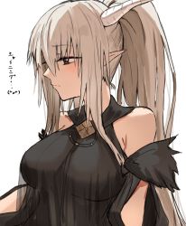 Rule 34 | 1girl, absurdres, arknights, bare shoulders, black dress, blonde hair, closed mouth, commentary request, dress, hair between eyes, highres, horn/wood, horns, long hair, looking away, looking to the side, orange eyes, pointy ears, ponytail, profile, shining (arknights), simple background, solo, translation request