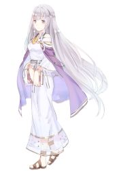 1girl book cape closed_mouth clothing_cutout dress fire_emblem fire_emblem:_the_binding_blade floating_hair full_body holding julia_(fire_emblem) long_dress long_hair nintendo purple_cape red_eyes shoochiku_bai shoulder_cutout silver_hair simple_background solo standing very_long_hair white_background white_dress