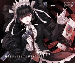 Rule 34 | 1girl, :d, black hair, black jacket, black nails, black skirt, blunt bangs, card, celestia ludenberg, claw ring, danganronpa: trigger happy havoc, danganronpa (series), dress shirt, drill hair, floating hair, hair ribbon, happy birthday, headdress, holding, holding card, jacket, long hair, looking at viewer, nail polish, necktie, open clothes, open jacket, open mouth, red eyes, red necktie, ribbon, shirt, skirt, smile, solo, twin drills, twintails, twitter username, very long hair, white ribbon, white shirt, z-epto (chat-noir86)
