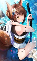 Rule 34 | 1girl, :d, ahoge, animal ears, blush, breasts, brown hair, butterfly hair ornament, fox ears, fox tail, fumi (nijisanji), hair between eyes, hair ornament, highres, hirai yuzuki, holding, holding sword, holding weapon, japanese clothes, large breasts, long hair, looking at viewer, miniskirt, nijisanji, open mouth, sitting, skirt, smile, soaking feet, solo, sword, tail, thighs, virtual youtuber, weapon, wet, wide sleeves, yellow eyes
