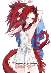 Rule 34 | 1girl, armpits, black horns, blue archive, blush, breasts, cowboy shot, dragon tail, eyeshadow, halo, highres, horns, long hair, looking at viewer, makeup, open mouth, pleated skirt, ponytail, red eyes, red eyeshadow, red hair, red halo, red sailor collar, red tail, renge (blue archive), sailor collar, sideboob, single horn, skirt, small breasts, solo, tail, white skirt, yanyo (ogino atsuki)