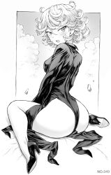 Rule 34 | 1girl, ass, black dress, blush, breasts, curly hair, dress, greyscale, high heels, highres, long sleeves, looking at viewer, mogudan, monochrome, one-punch man, open mouth, short hair, sitting, small breasts, solo, tatsumaki, thighs, wariza