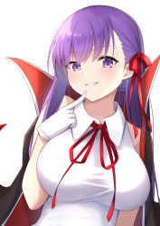 Rule 34 | 1girl, absurdres, asashin (asn), bare shoulders, bat wings, bb (fate), bb (fate) (all), bb (swimsuit mooncancer) (fate), bb (swimsuit mooncancer) (third ascension) (fate), black coat, blush, breasts, coat, fate/grand order, fate (series), gloves, grin, hair ribbon, highres, index finger raised, large breasts, leotard, long hair, looking at viewer, neck ribbon, open clothes, open coat, popped collar, purple eyes, purple hair, red ribbon, ribbon, smile, solo, thighs, very long hair, white gloves, white leotard, wings