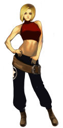 Rule 34 | 1girl, bare shoulders, belt, belt skirt, blonde hair, blue mary, boots, brown eyes, contrapposto, fatal fury, halterneck, halterneck, hand on own hip, long image, midriff, navel, pants, short hair, snk, solo, standing, steward b, strapless, tall image, the king of fighters, tube top