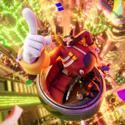 Rule 34 | 2boys, 3d, bald, confetti, dr. eggman, facial hair, from above, furry, furry male, gloves, goggles, goggles on head, green eyes, half-closed eyes, hat, highres, hover vehicle, jacket, looking up, male focus, multiple boys, mustache, party hat, pointing, pointing up, reckoman, red jacket, solo focus, sonic (series), sonic the hedgehog, twitter username, white background, white gloves