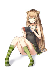 Rule 34 | 1girl, :d, absurdres, asymmetrical legwear, bare arms, bare shoulders, black choker, black dress, blush, bow, breasts, choker, collarbone, convenient leg, double bun, dress, full body, girls&#039; frontline, green bow, green eyes, green socks, hair between eyes, hair bow, hair bun, handheld game console, highres, holding, holding handheld game console, kneehighs, light brown hair, long hair, looking at viewer, mismatched legwear, nintendo switch, no shoes, open mouth, rfb (girls&#039; frontline), shadow, side bun, sitting, sleeveless, sleeveless dress, small breasts, smile, sob (submar1089), socks, solo, striped clothes, striped socks, vertical-striped clothes, vertical-striped socks, very long hair, white background