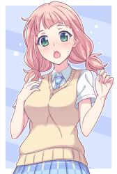 Rule 34 | 1girl, bang dream!, blue necktie, blue skirt, blush, breasts, collared shirt, diagonal-striped clothes, diagonal-striped necktie, e20, from below, green eyes, hands up, highres, looking at viewer, looking down, low twintails, medium breasts, necktie, open mouth, outside border, pink hair, plaid, plaid skirt, pleated skirt, school uniform, shirt, short sleeves, short twintails, skirt, solo, striped background, striped clothes, sweat, sweater vest, twintails, uehara himari, white shirt