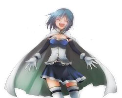 Rule 34 | 10s, 1girl, blue hair, cape, closed eyes, female focus, gradient background, magical girl, mahou shoujo madoka magica, mahou shoujo madoka magica (anime), miki sayaka, short hair, simple background, skk, smile, solo, thighhighs, white background