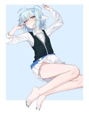 Rule 34 | 1girl, ahoge, arms up, bare legs, barefoot, belt, black vest, blue background, blue belt, blue hair, blue halo, blue nails, blush, border, breasts, collared shirt, commentary, english commentary, eyelashes, feet, grey eyes, halo, highres, leaning back, legs, legs together, long sleeves, looking at viewer, medium hair, miniskirt, nail polish, no panties, on ground, original, parted lips, pleated skirt, shirt, sidelocks, sitting, skirt, small breasts, solo, toenail polish, toenails, toes, vest, white border, white shirt, white skirt, yume (454565427)