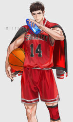 Rule 34 | 14ho sd, 1boy, ball, basketball (object), basketball jersey, basketball uniform, black eyes, black hair, bottle, carrying, carrying under arm, cowboy shot, grey background, highres, holding, holding ball, jacket, jacket on shoulders, looking at viewer, male focus, mitsui hisashi, red shorts, red tank top, scar, scar on chin, scar on face, short hair, shorts, simple background, slam dunk (series), smile, solo, sportswear, tank top, water bottle