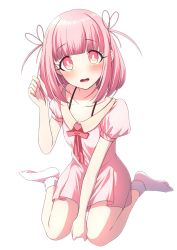 Rule 34 | 1girl, arm up, between legs, blunt bangs, blush, bobby socks, bra strap, bright pupils, collarbone, commentary request, dress, hair ribbon, hand between legs, hand in own hair, head tilt, highres, looking at viewer, open mouth, original, pink dress, pink eyes, pink hair, pink ribbon, puffy short sleeves, puffy sleeves, ribbon, short dress, short sleeves, sitting, socks, solo, tsukimirin, twintails, wariza, white pupils, white socks