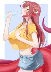 Rule 34 | 1girl, absurdres, blush, bottle, breasts, collarbone, commentary, commission, crop top, denim, denim skirt, fang, fon (96nokimihito), from side, hair between eyes, half-closed eye, hands up, highres, holding, holding bottle, huge filesize, lamia, large breasts, long hair, miia (monster musume), miniskirt, monster girl, monster musume no iru nichijou, navel, open mouth, plastic bottle, pointy ears, profile, red hair, saliva, saliva trail, see-through silhouette, shirt, short sleeves, simple background, skeb commission, skirt, slit pupils, snake tail, solo, sweat, tail, tongue, water, yellow eyes, yellow shirt