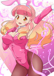 Rule 34 | 1girl, :d, aikatsu! (series), aikatsu friends!, amikaasan, animal ears, arm up, armpits, blunt bangs, blush, bow, bowtie, breasts, cleavage, collar, commentary request, confetti, covered erect nipples, cowboy shot, detached collar, drill hair, earrings, fake animal ears, fake tail, fishnet pantyhose, fishnets, gloves, gradient hair, hair over shoulder, hairband, hand on own chest, happy, highres, jewelry, large breasts, leotard, long hair, looking at viewer, multicolored hair, open mouth, orange eyes, orange hair, pantyhose, pink background, pink bow, pink bowtie, pink gloves, pink hair, pink leotard, pink theme, playboy bunny, rabbit earrings, rabbit ears, rabbit tail, shiny clothes, shiny skin, sideboob, smile, solo, strapless, strapless leotard, tail, white collar, white hairband, wrist cuffs, yuki aine