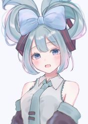 Rule 34 | 1girl, alternate hairstyle, aqua hair, aqua necktie, bare shoulders, blue bow, blue eyes, blush, bow, breasts, cinnamiku, collared shirt, detached sleeves, grey shirt, hair bow, hair ornament, hair rings, hatsune miku, highres, looking at viewer, naaaaaaaan, necktie, open mouth, shirt, simple background, solo, updo, vocaloid, white background